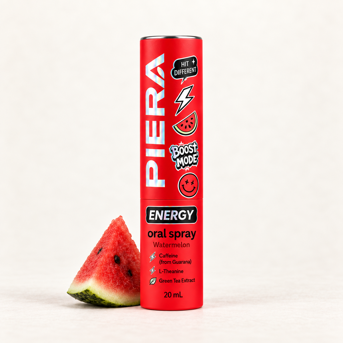 PIERA Energy Watermelon oral spray in a red 20 mL tube.
