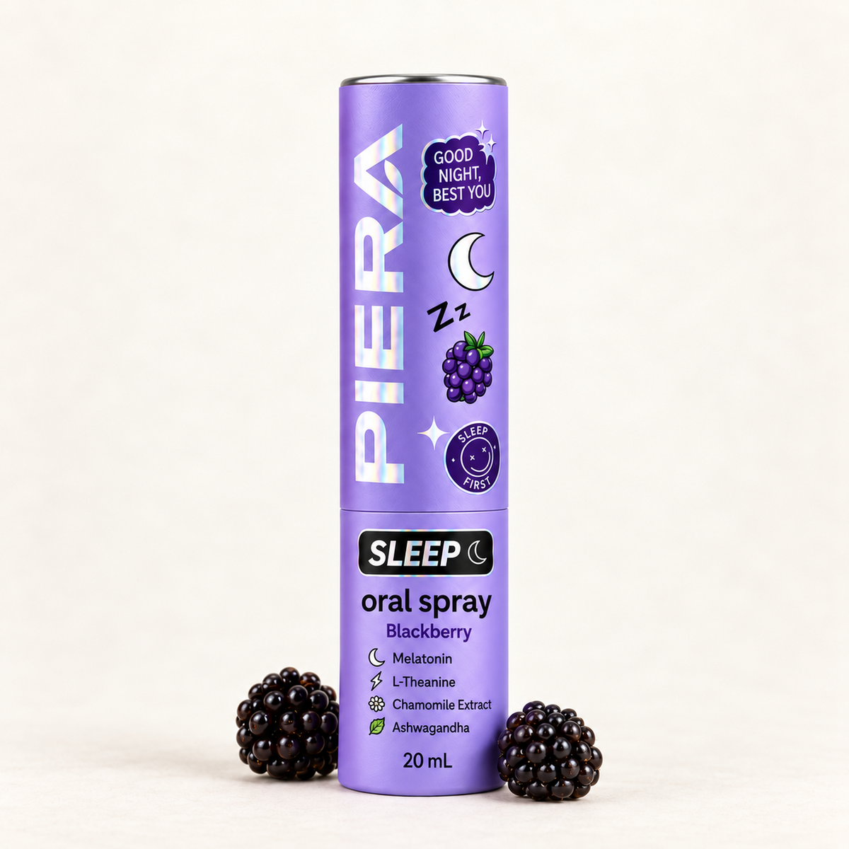 PIERA Sleep Blackberry oral spray in a purple 20 mL tube.