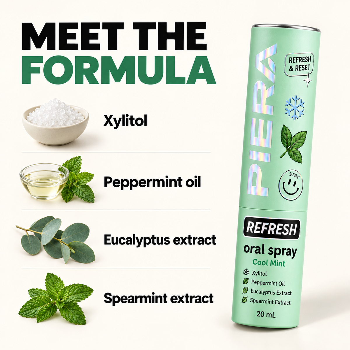 Refresh featured ingredients: xylitol, peppermint oil, eucalyptus extract and spearmint extract.