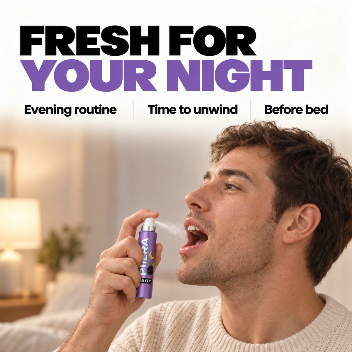 A person using PIERA Sleep Blackberry oral spray as part of an evening routine.