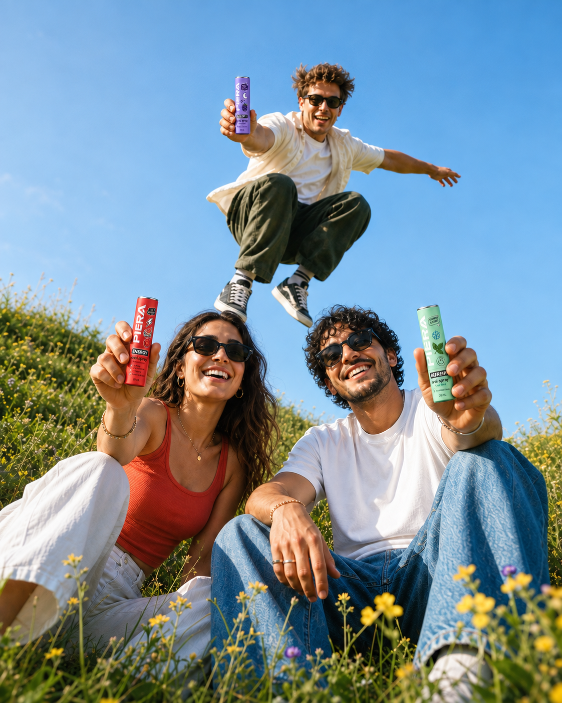 Three adult friends in a sunny meadow holding PIERA Energy Watermelon, Refresh Cool Mint and Sleep Blackberry oral sprays