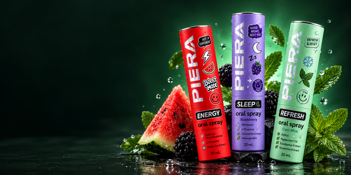 PIERA Energy Watermelon, Sleep Blackberry and Refresh Cool Mint oral sprays with fruit and mint on a dark green background.