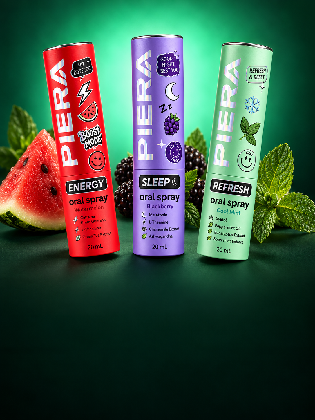 The three PIERA oral sprays — Watermelon, Blackberry and Cool Mint — surrounded by fruit and mint.